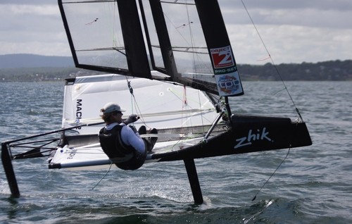 Charlie McKee in action with the Moth solid wing - Zhik Moth Worlds 2011- Lake Macquarie Australia © Sail-World.com /AUS http://www.sail-world.com